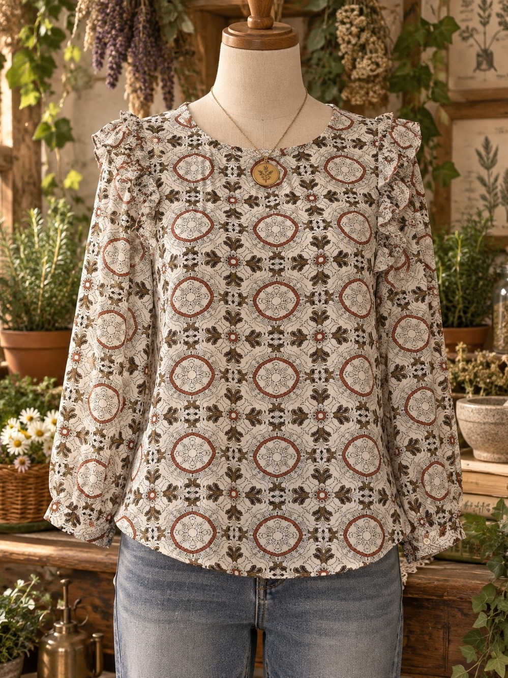 LOFT Cream Floral Medallion Ruffle-Shoulder Blouse